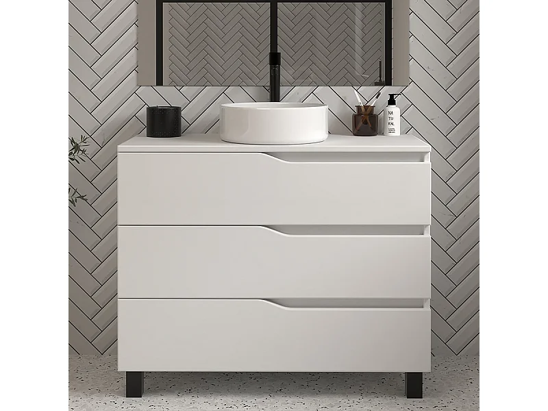Meuble de salle de bain 100 avec plateau et vasque à poser - sans miroir - 3 tiroirs - blanc - MATA