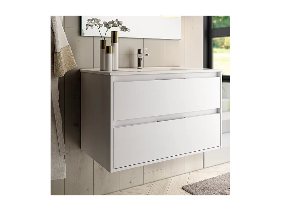 Meuble de salle de bain simple vasque - 2 tiroirs - IRIS et miroir Led VELDI - blanc - 80cm