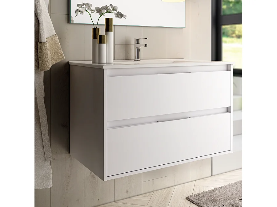 Meuble de salle de bain simple vasque - 2 tiroirs - IRIS et miroir Led VELDI - blanc - 80cm