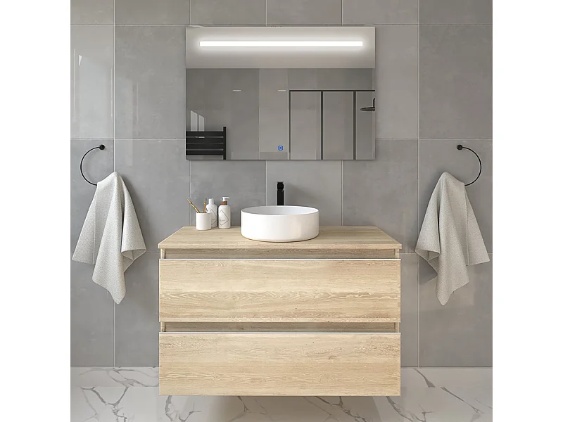 Meuble de salle de bain avec vasque à poser ronde BALEA et miroir Led STAM - Bambou (chêne clair) - 80cm