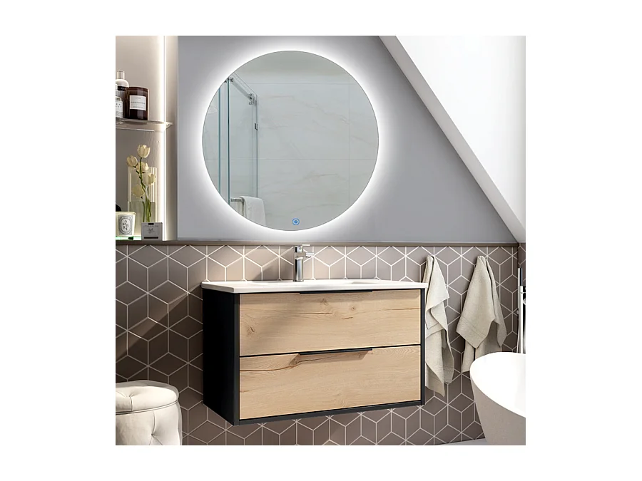 Meuble de salle de bain simple vasque - 2 tiroirs - ALBA et miroir rond SOLEN - noir - 80cm