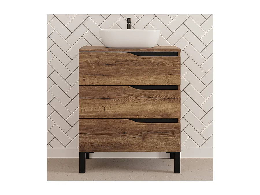 Meuble de salle de bain 80cm avec plateau et vasque à poser zeus - 3 tiroirs - tabaco (chêne foncé) - MATA