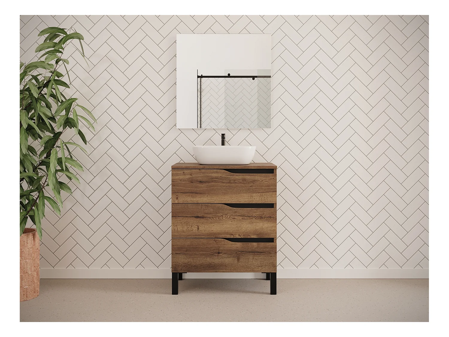 Meuble de salle de bain 80cm avec plateau et vasque à poser zeus - 3 tiroirs - tabaco (chêne foncé) - MATA