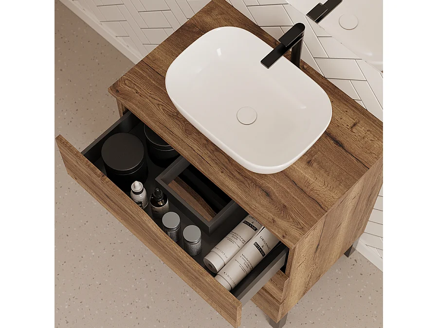 Meuble de salle de bain 80cm avec plateau et vasque à poser zeus - 3 tiroirs - tabaco (chêne foncé) - MATA