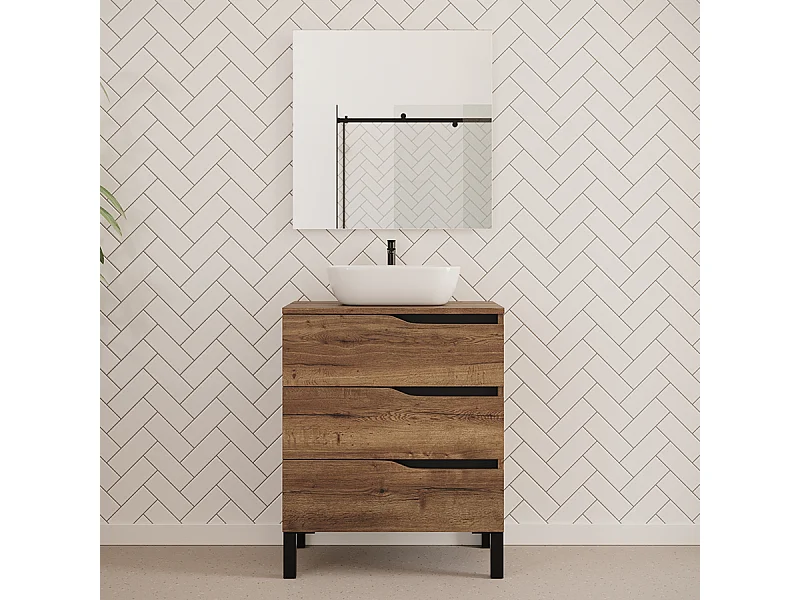 Meuble de salle de bain 80cm avec plateau et vasque à poser zeus - 3 tiroirs - tabaco (chêne foncé) - MATA