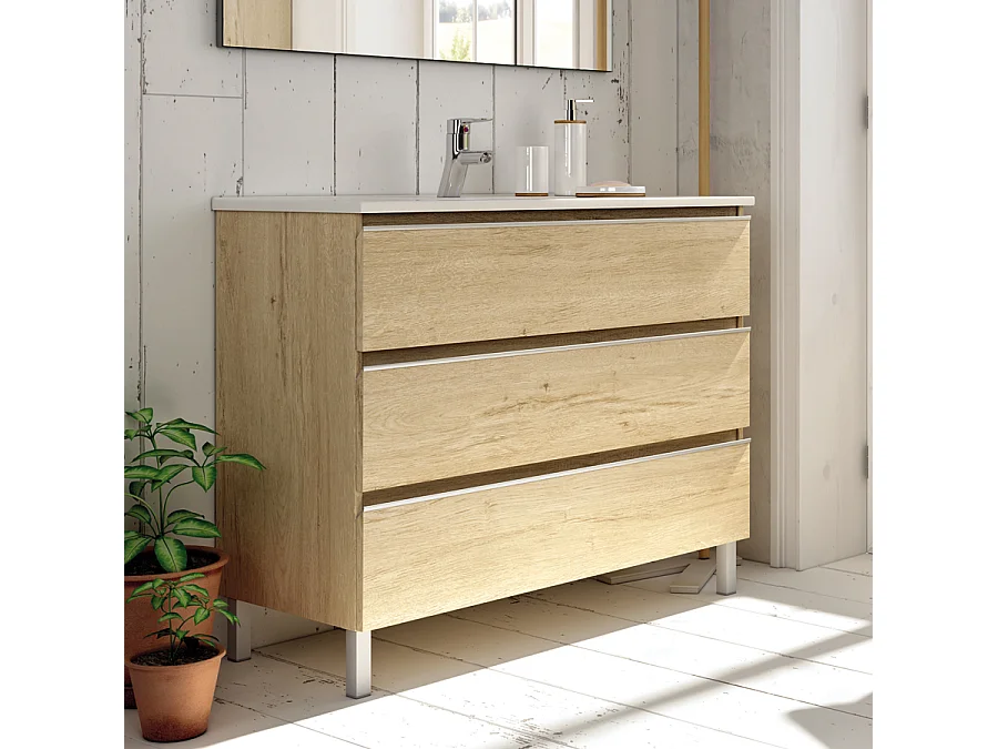 Meuble de salle de bain simple vasque - 3 tiroirs - PALMA et miroir Led STAM - bambou (chêne clair) - 100cm