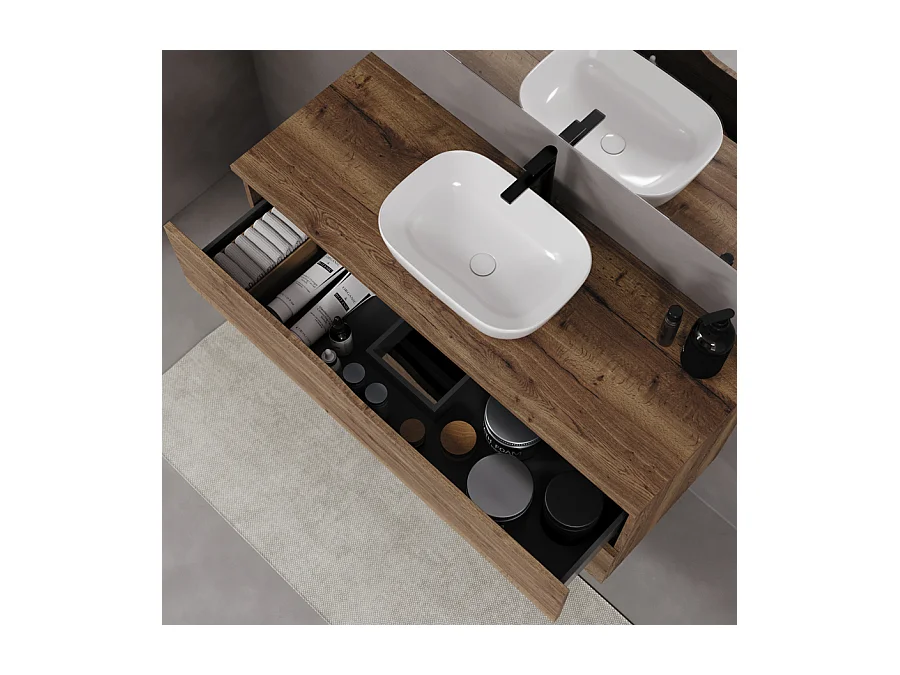 Meuble de salle de bain 120cm avec plateau et vasque à poser zeus - 2 tiroirs - sans miroir - tabaco (chêne foncé) - LUNA