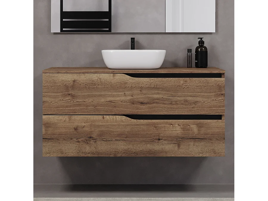Meuble de salle de bain 120cm avec plateau et vasque à poser zeus - 2 tiroirs - sans miroir - tabaco (chêne foncé) - LUNA