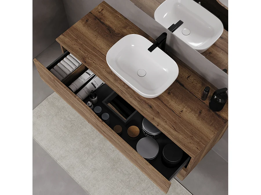 Meuble de salle de bain 120cm avec plateau et vasque à poser zeus - 2 tiroirs - sans miroir - tabaco (chêne foncé) - LUNA