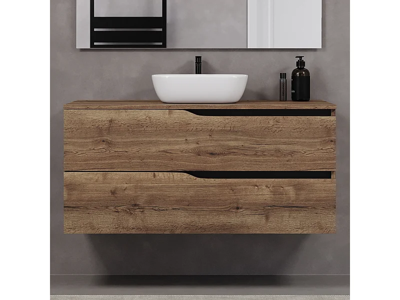 Meuble de salle de bain 120cm avec plateau et vasque à poser zeus - 2 tiroirs - sans miroir - tabaco (chêne foncé) - LUNA