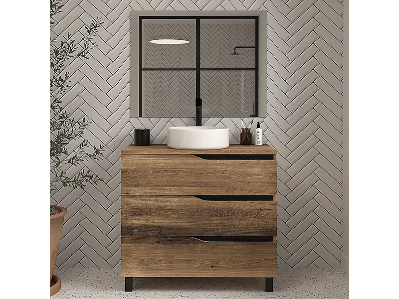 Meuble de salle de bain 70cm avec plateau et vasque à poser - 3 tiroirs - tabaco (bois foncé) - MATA