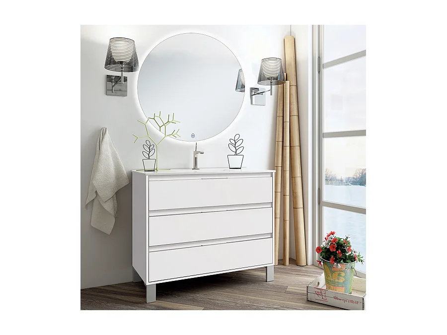Meuble de salle de bain simple vasque - 3 tiroirs - TIRIS 3C et miroir rond Led SOLEN - blanc - 80cm