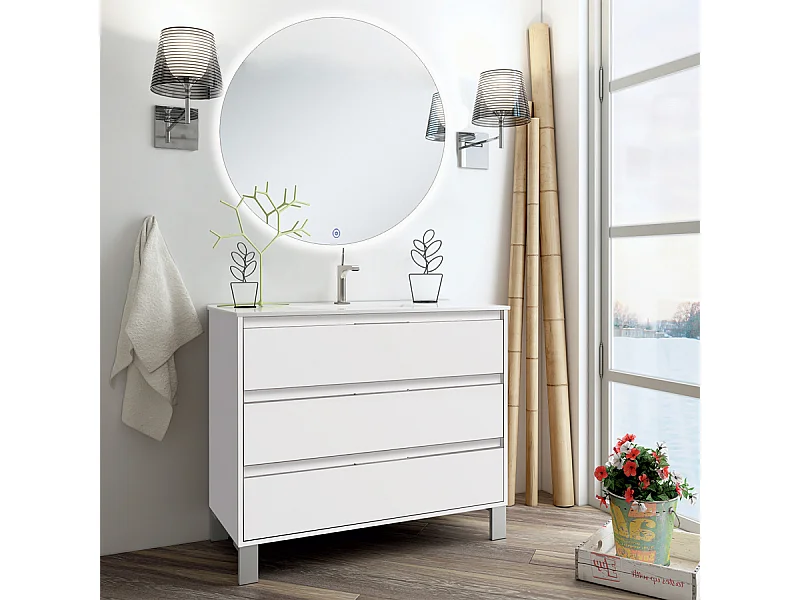 Meuble de salle de bain simple vasque - 3 tiroirs - TIRIS 3C et miroir rond Led SOLEN - blanc - 80cm