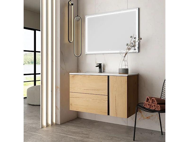 Meuble de salle de bain vasque déportée - 2 tiroirs - PRADO et miroir Led VELDI - roble (chêne clair) - 100cm