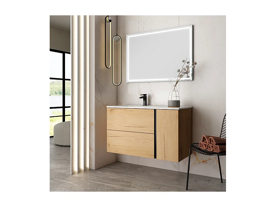 Meuble de salle de bain vasque déportée - 2 tiroirs - PRADO et miroir Led VELDI - roble (chêne clair) - 100cm