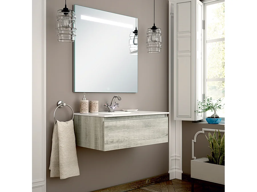 Meuble de salle de bain simple vasque - 1 tiroir - PENA et miroir Led STAM - Coral - 80cm