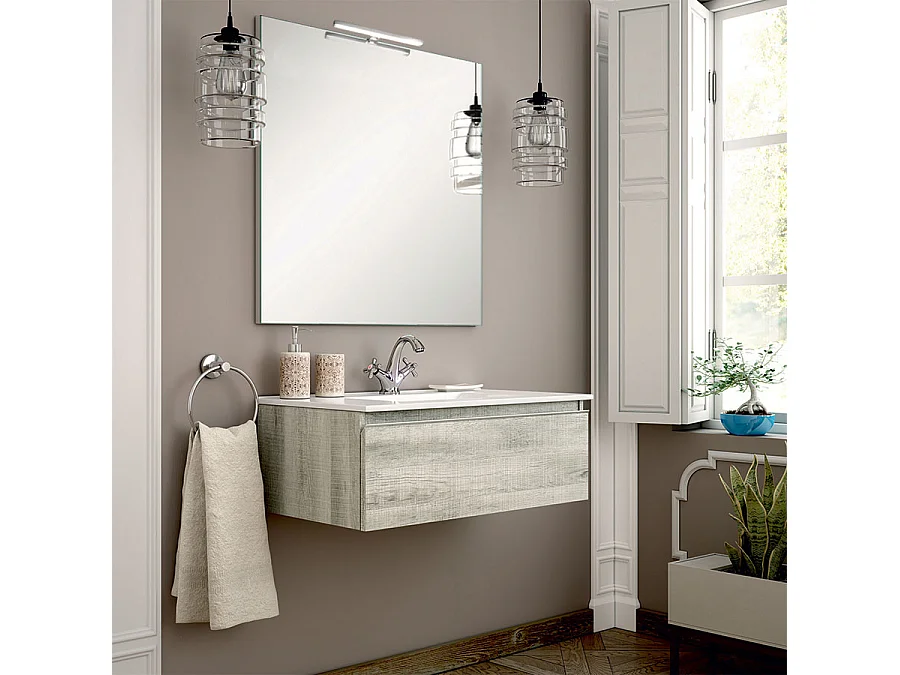 Meuble de salle de bain simple vasque - 1 tiroir - PENA et miroir Led STAM - Coral - 80cm