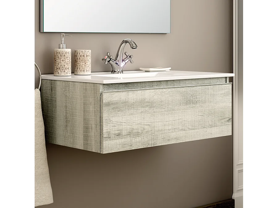 Meuble de salle de bain simple vasque - 1 tiroir - PENA et miroir Led STAM - Coral - 80cm