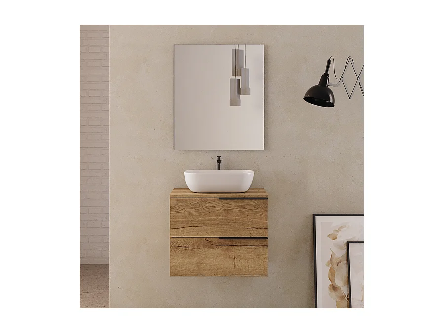 Meuble de salle de bain 60cm avec vasque à poser arrondie - 2 tiroirs - roble (chêne clair) - KING