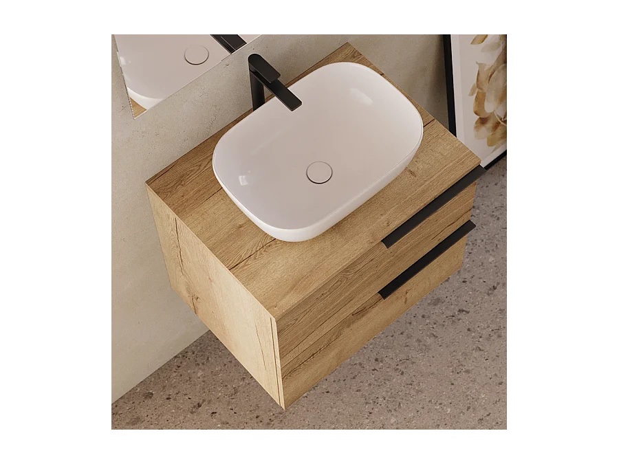 Meuble de salle de bain 60cm avec vasque à poser arrondie - 2 tiroirs - roble (chêne clair) - KING
