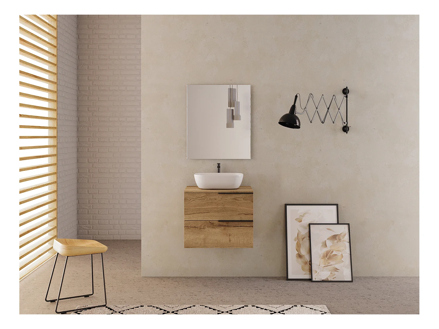 Meuble de salle de bain 60cm avec vasque à poser arrondie - 2 tiroirs - roble (chêne clair) - KING