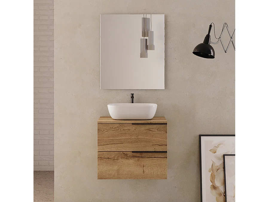 Meuble de salle de bain 60cm avec vasque à poser arrondie - 2 tiroirs - roble (chêne clair) - KING