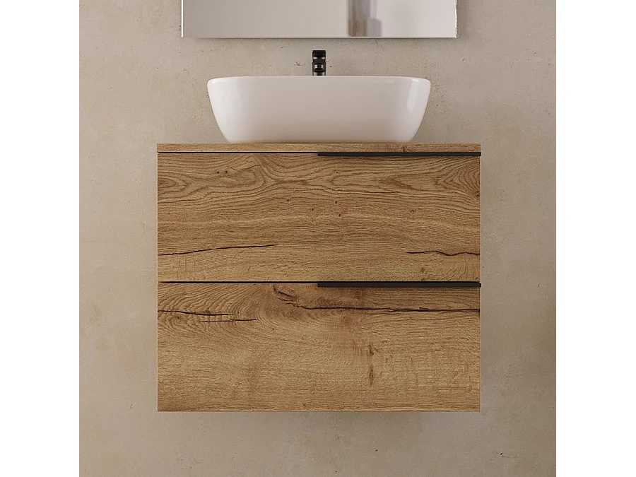 Meuble de salle de bain 60cm avec vasque à poser arrondie - 2 tiroirs - roble (chêne clair) - KING