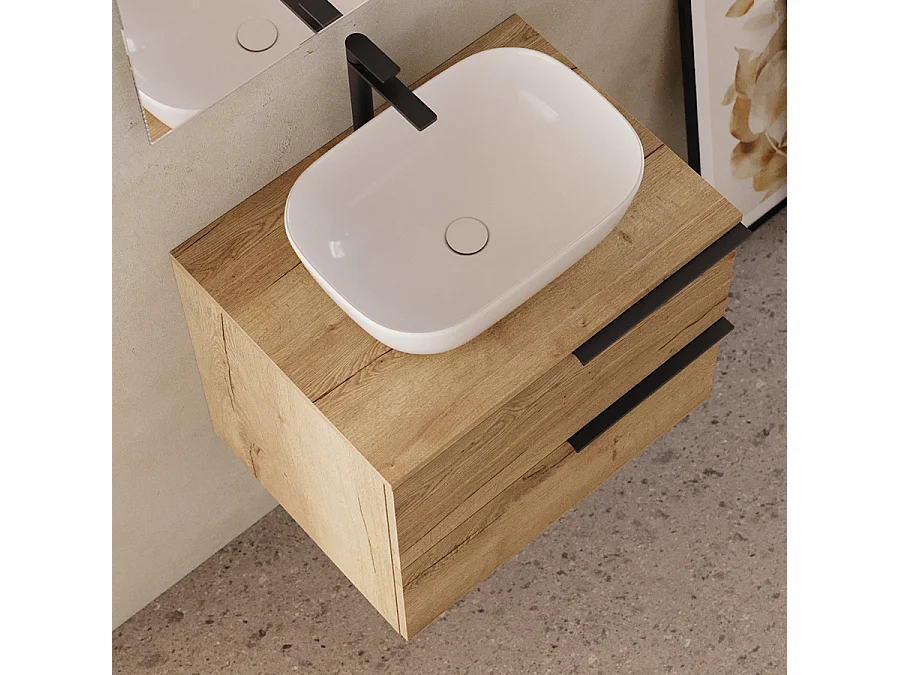 Meuble de salle de bain 60cm avec vasque à poser arrondie - 2 tiroirs - roble (chêne clair) - KING