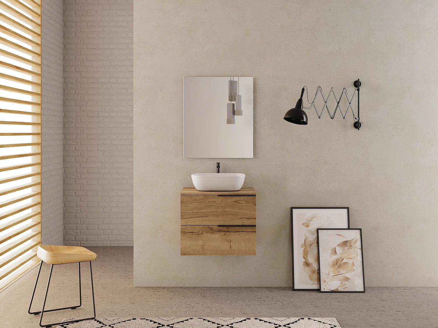 Meuble de salle de bain 60cm avec vasque à poser arrondie - 2 tiroirs - roble (chêne clair) - KING