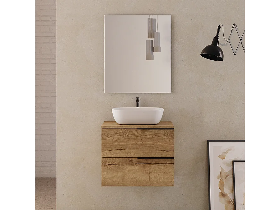 Meuble de salle de bain 60cm avec vasque à poser arrondie - 2 tiroirs - roble (chêne clair) - KING