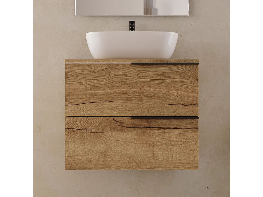 Meuble de salle de bain 60cm avec vasque à poser arrondie - 2 tiroirs - roble (chêne clair) - KING