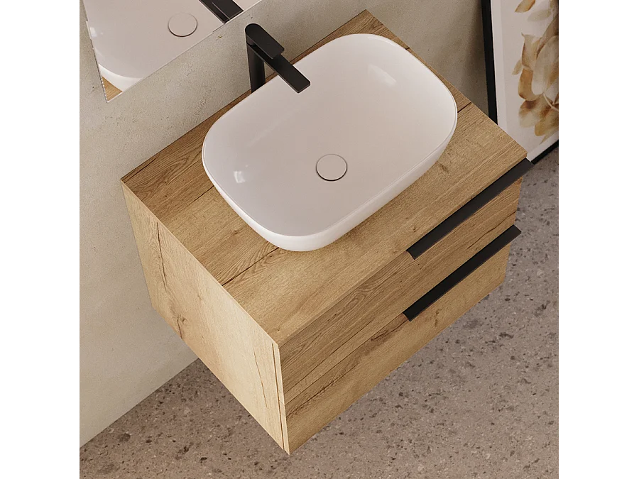 Meuble de salle de bain 60cm avec vasque à poser arrondie - 2 tiroirs - roble (chêne clair) - KING