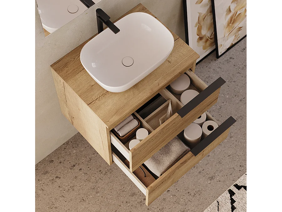 Meuble de salle de bain 60cm avec vasque à poser arrondie - 2 tiroirs - roble (chêne clair) - KING