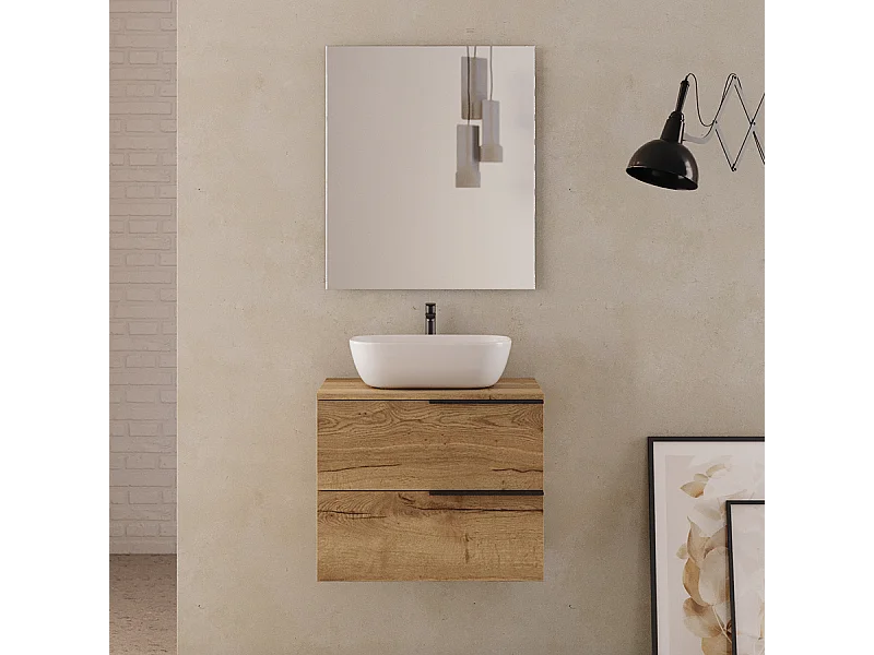 Meuble de salle de bain 60cm avec vasque à poser arrondie - 2 tiroirs - roble (chêne clair) - KING