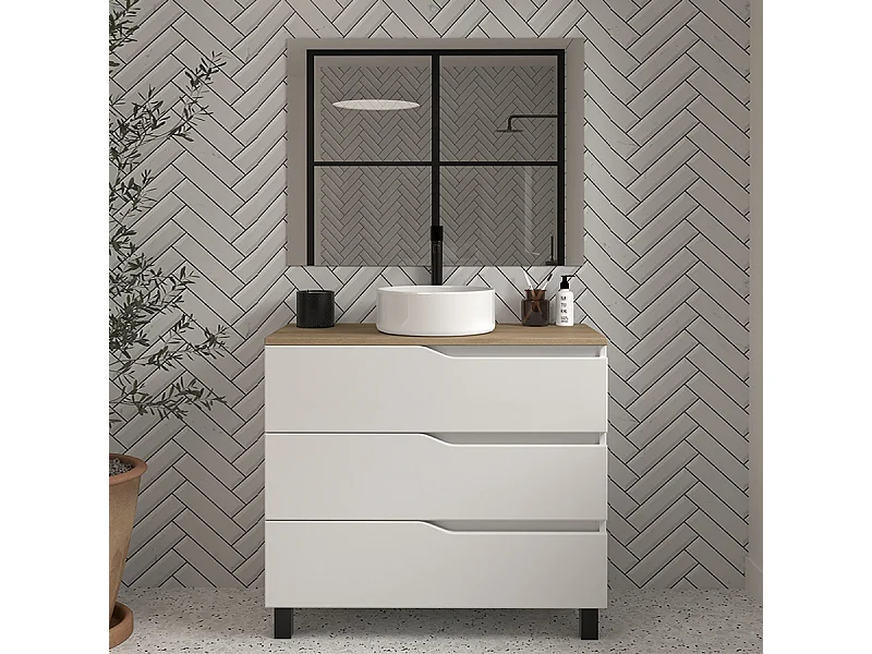 Meuble de salle de bain 90cm avec plateau miel et vasque à poser - 3 tiroirs - blanc - MATA