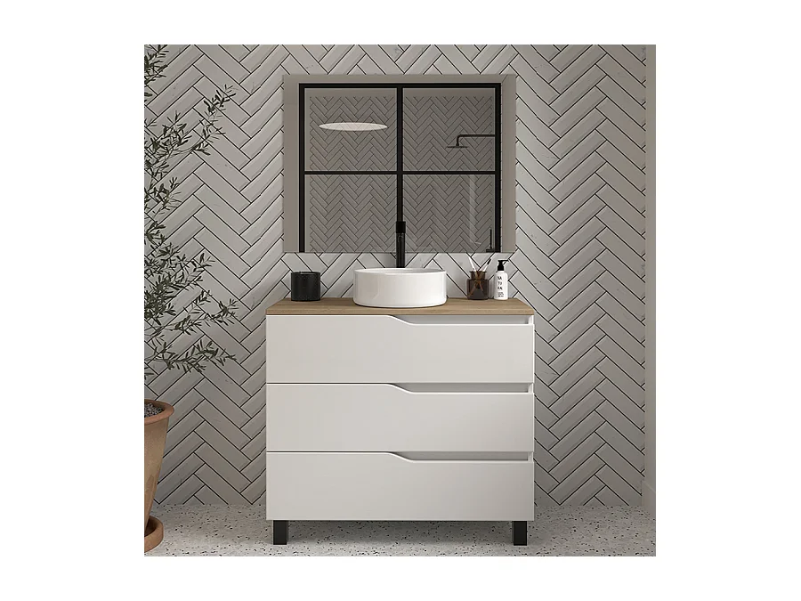 Meuble de salle de bain 90cm avec plateau miel et vasque à poser - 3 tiroirs - blanc - MATA