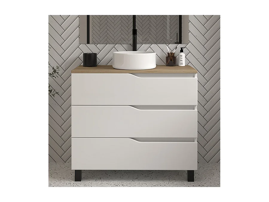 Meuble de salle de bain 90cm avec plateau miel et vasque à poser - 3 tiroirs - blanc - MATA