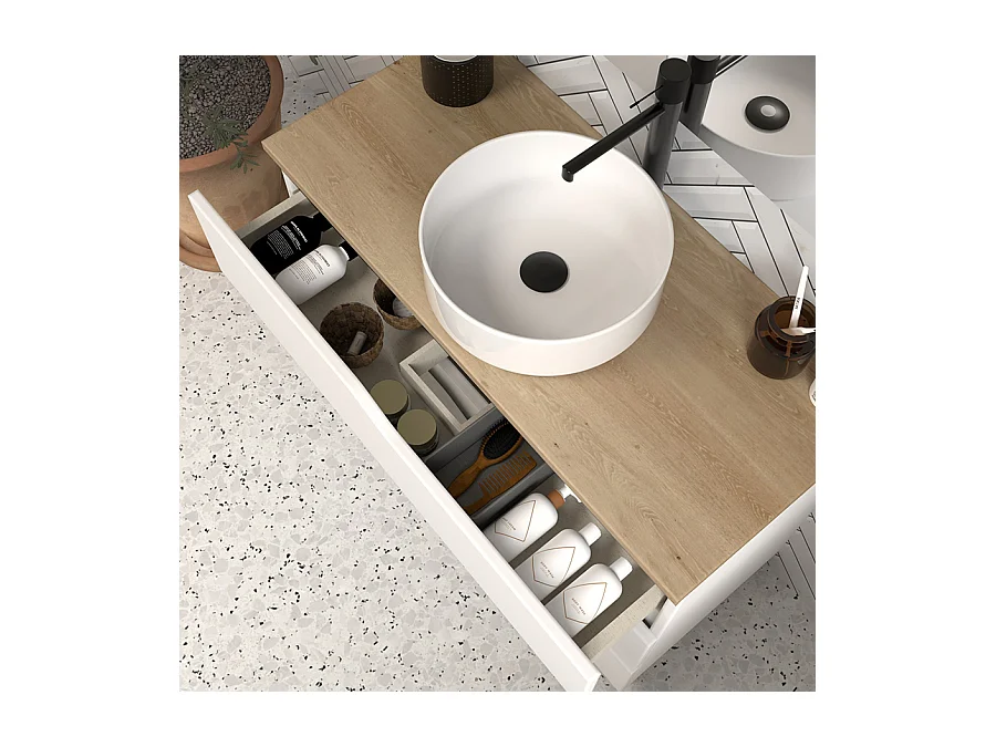 Meuble de salle de bain 90cm avec plateau miel et vasque à poser - 3 tiroirs - blanc - MATA