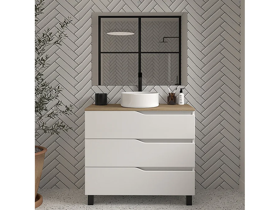 Meuble de salle de bain 90cm avec plateau miel et vasque à poser - 3 tiroirs - blanc - MATA