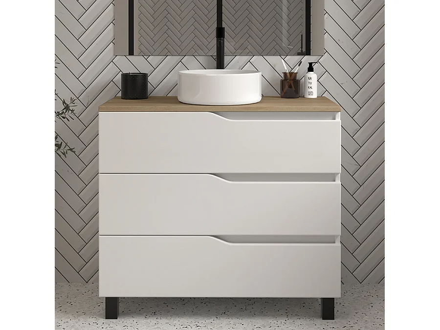 Meuble de salle de bain 90cm avec plateau miel et vasque à poser - 3 tiroirs - blanc - MATA