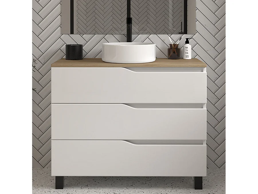 Meuble de salle de bain 90cm avec plateau miel et vasque à poser - 3 tiroirs - blanc - MATA