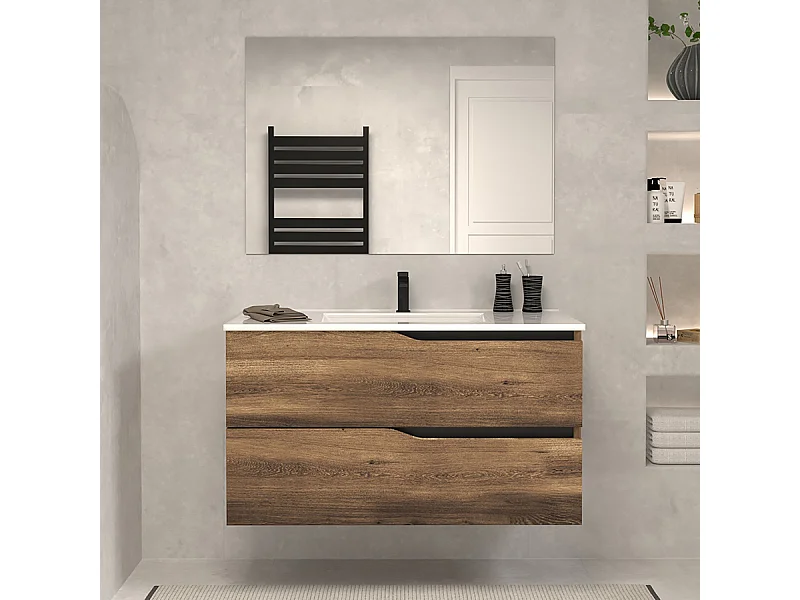 Meuble de salle de bain 100cm simple vasque - 2 tiroirs - tabaco (bois foncé) - LUNA