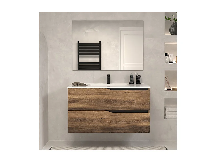Meuble de salle de bain 100cm simple vasque - 2 tiroirs - tabaco (bois foncé) - LUNA