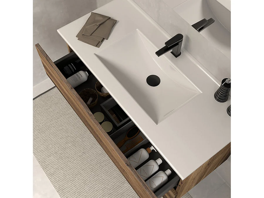 Meuble de salle de bain 100cm simple vasque - 2 tiroirs - tabaco (bois foncé) - LUNA