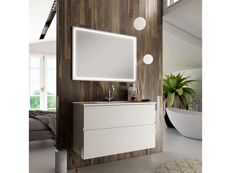 Meuble de salle de bain simple vasque - 2 tiroirs - MIG et miroir Led VELDI - blanc - 60cm