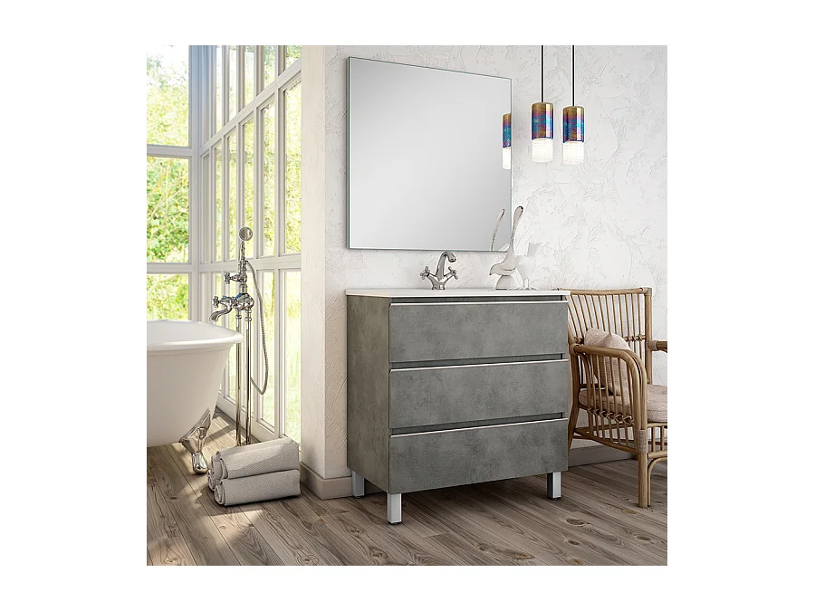 Meuble de salle de bain 100cm simple vasque - 3 tiroirs - PALMA - ciment (gris)