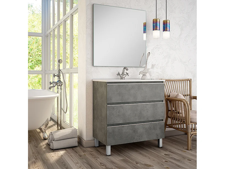 Meuble de salle de bain 100cm simple vasque - 3 tiroirs - PALMA - ciment (gris)