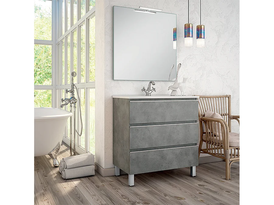 Meuble de salle de bain 100cm simple vasque - 3 tiroirs - PALMA - ciment (gris)