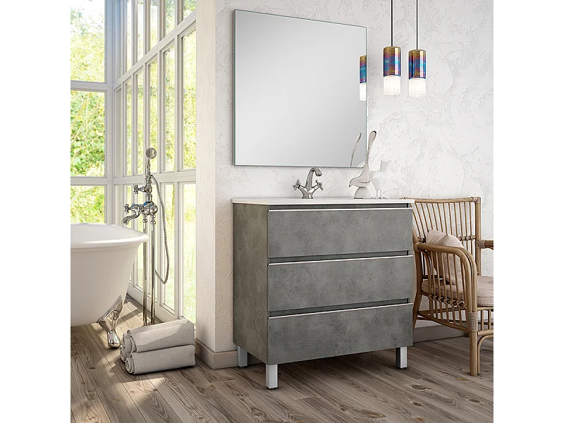 Meuble de salle de bain 100cm simple vasque - 3 tiroirs - PALMA - ciment (gris)