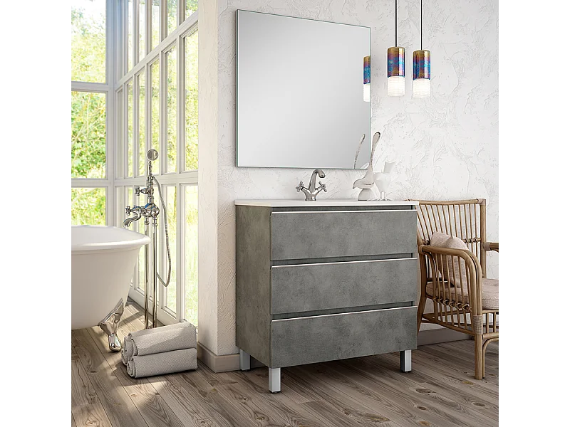 Meuble de salle de bain 100cm simple vasque - 3 tiroirs - PALMA - ciment (gris)